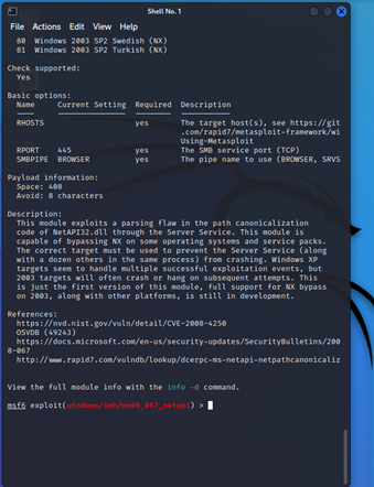 A computer screen displaying Metasploit output.