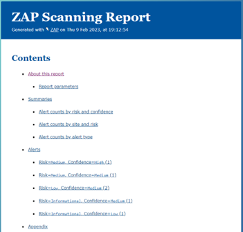 A computer screen displaying an OWASP ZED ATTACK PROXY report.