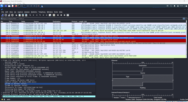 A computer screen displaying wireshark output.