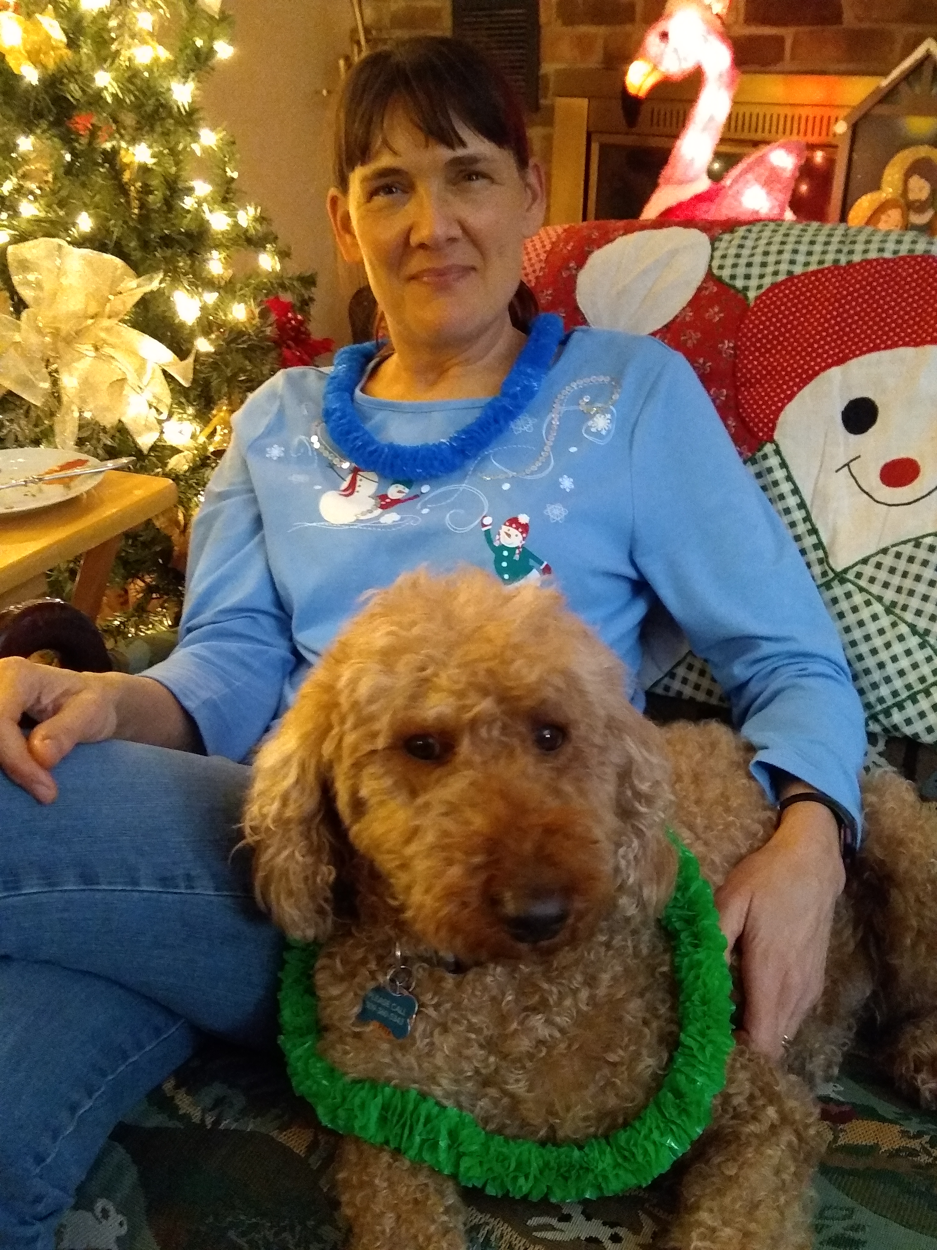 Dog celebrating New Year's Eve with Mom